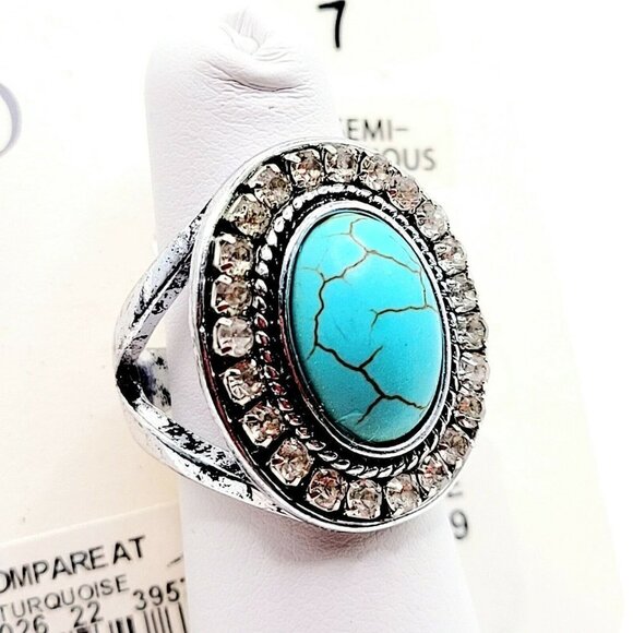 CATO Dyed Howlite Silver Tone Ring Size 7 Rhinestones New On Card Statement - Picture 1 of 4
